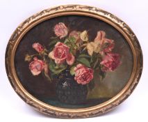 An oval oil painting on canvas of a vase with roses, with signature at the bottom "A. Hitler