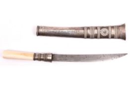 A miniature Burmese dha, plain blade 4", the hilt of ivory and partly covered with silver