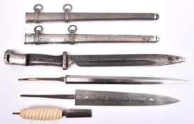 An assortment of Third Reich dagger parts etc: an SS watered steel blade, 2 army sheaths; an army