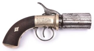 A 6 shot 120 bore single action German silver framed percussion pepperbox revolver, 8" overall,