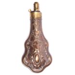An embossed copper powder flask "Overall" (R412 but no hanging rings), 7¾" overall, GC retaining