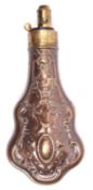 An embossed copper powder flask "Overall" (R412 but no hanging rings), 7¾" overall, GC retaining