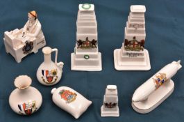 8 pieces of crested china, comprising: Airship, Birmingham; Wireless Operator, Rochdale; 3 different