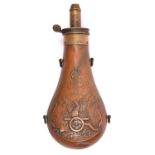 A rare American martial copper powder flask, (R797 or 798), 7½" overall, embossed on one side only