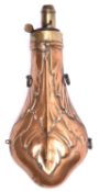 An embossed copper powder flask "Shapes" (R1345), 7½" overall, with common top and hanging rings. GC