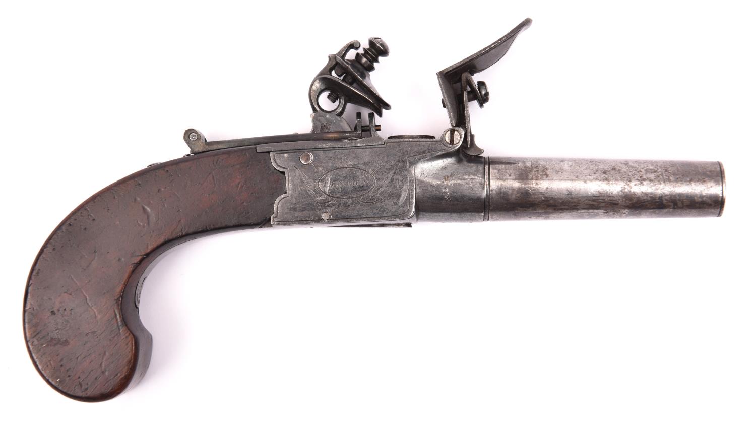 A 55 bore flintlock boxlock pocket pistol, c 1810, 6¾" overall, turn off barrel 2½", London