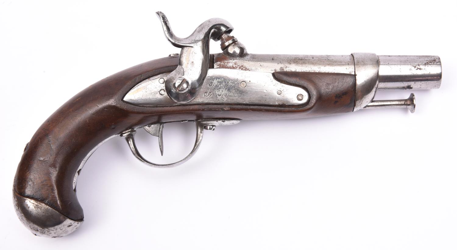 A French 20 bore (15mm) Model 1842 percussion Gendarmerie pistol, 9" overall, barrel 5", the lock