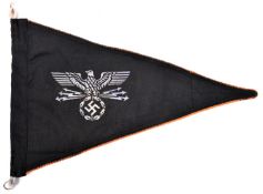 A Third Reich vehicle pennant, 14" x 10", black cloth embroidered with eagle and swastika and