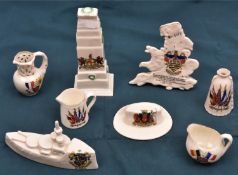 8 pieces of crested china comprising: Slouch hat, Matlock Bath; Cenotaph, London; Battleship,