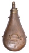 A rare American martial copper powder flask (R853), 8¼" overall, embossed on one side with a bugle