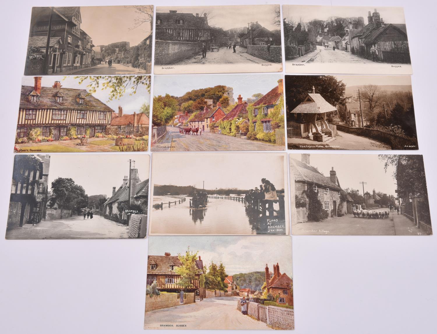 10x postcards of Bramber Village, West Sussex. Including; Flood at Bramber, The Lych Gate, etc. GC-