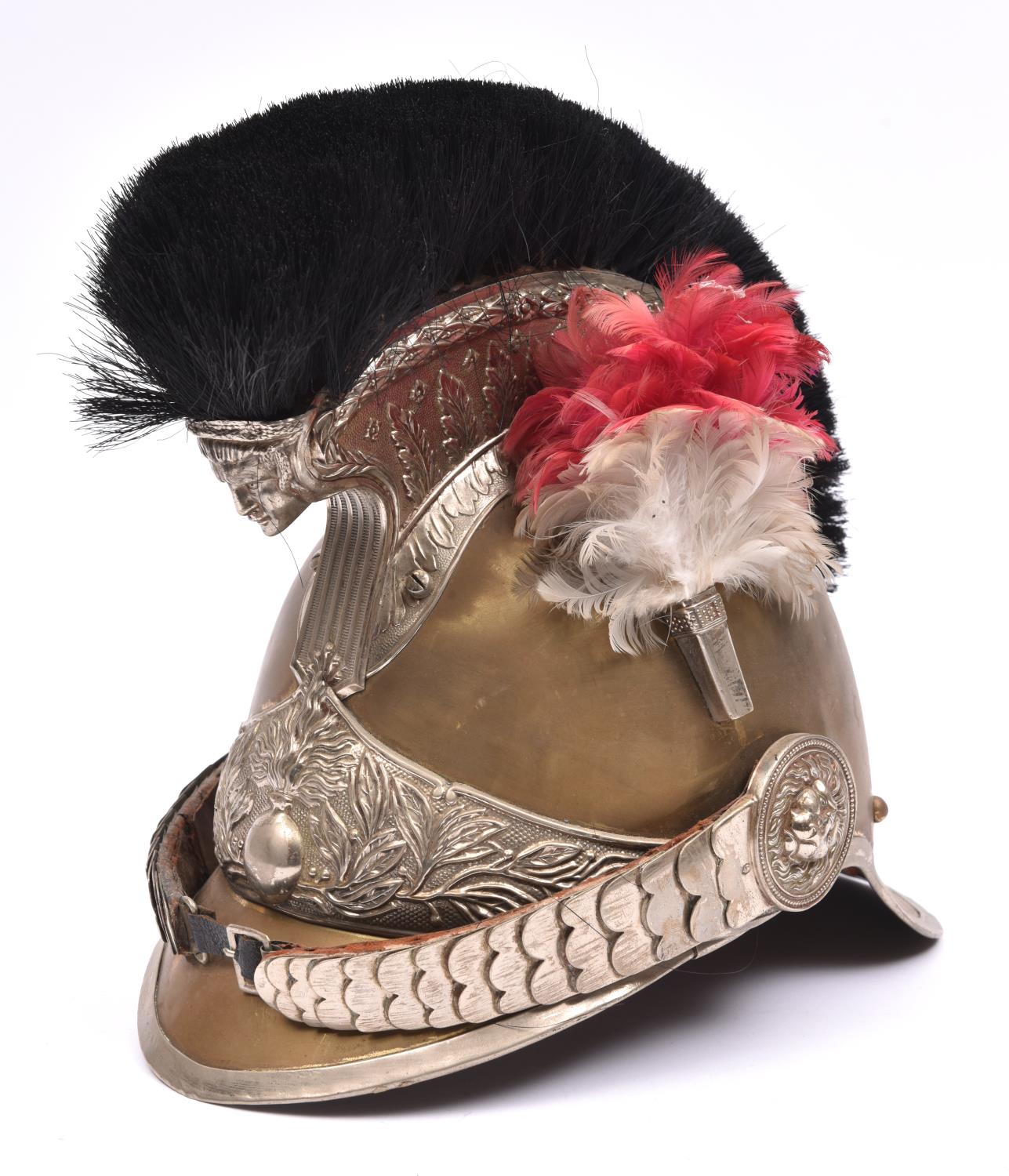 An early 20th century French Cuirassier officer's helmet, with brass skull, plated white metal
