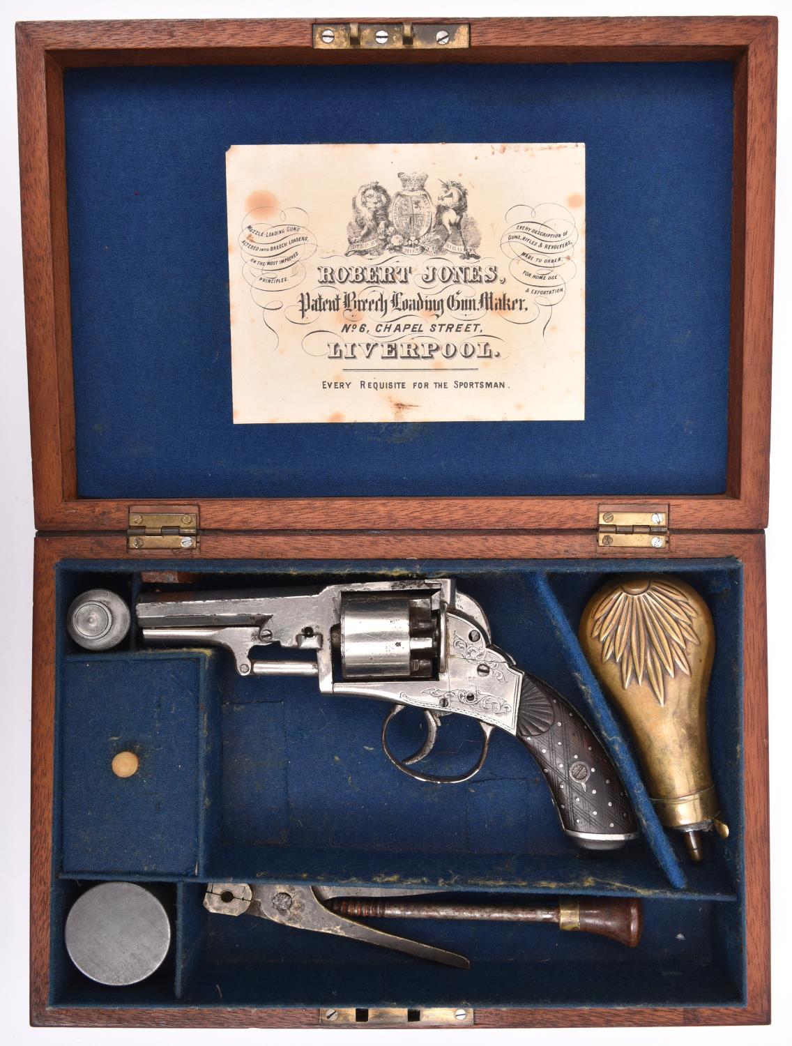 A Birmingham made 5 shot 120 bore closed wedge frame self cocking percussion revolver, 8" overall,
