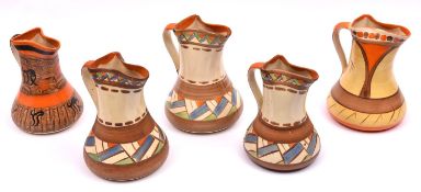 5x Myott, Son & Co. pottery jugs. Hand painted 1930s examples in Art Deco colours. Tallest 190mm.