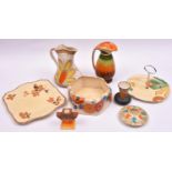 8x Myott, Son & Co. pottery items. 2x jugs, a jardinere, small vase, square plate, cake dish,