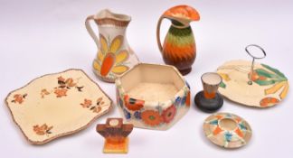 8x Myott, Son & Co. pottery items. 2x jugs, a jardinere, small vase, square plate, cake dish,