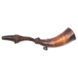 An unusual old horn flask, with wooden base, iron hanging ring, flexible leather neck and horn