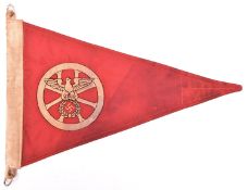 A Third Reich vehicle pennant, 13½" x 9½", eagle and wheel embroidered on red ground. GC (some