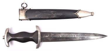 A Third Reich SS man's dagger, blade 22cm, RZM 66 marked, black hilt with SS insignia and plated