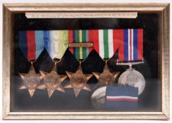 Five: 1939-45 star, Atlantic star, Pacific star with Burma clasp, Italy star, War medal (un-named as