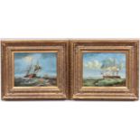 A pair of modern oil paintings on board of 19th Century shipping scenes showing ships in full sail