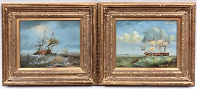 A pair of modern oil paintings on board of 19th Century shipping scenes showing ships in full sail