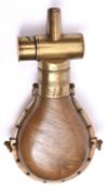 An Austrian horn bodied powder flask, (R1117), 8" overall, the body formed in two parts secured by