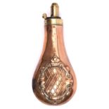 An embossed copper powder flask "Panel" (R514, no rings), 7½" overall, with common top. GC (
