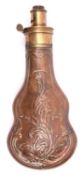 An embossed copper powder flask "Foliage" (R662, no rings), 8" overall, with patent top and