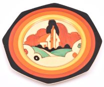 A Clarice Cliff Fantasque Bizarre ware hand painted plate. Stamped for Newport Pottery, England.