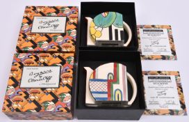 2x Clarice Cliff Bizarre, limited edition Stamford teapots issues by Wedgwood. 'Apples and Red