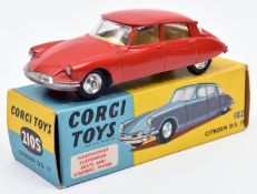 Corgi Toys Citroen D.S. 19 (210S). An example in bright red with yellow interior, dished spun wheels