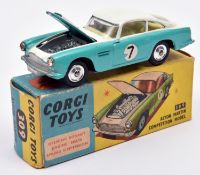 Corgi Toys Aston Martin Competition Model (309). In white and turquoise with yellow interior, RN7,