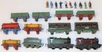 Dinky Toys early die-cast model railway. A coach in brown/cream/green. Guards Van in brown/cream/