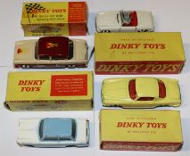 4 Dinky Toys. M.G.B. Sports Car (113) in white with red interior. Humber Hawk (165). In cream and