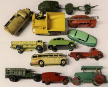 12 Dinky Toys. Including; Artillery tractor and 2 trailers. Streamline fire engine. Muir Hill