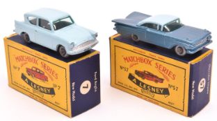 2 Matchbox Series No.57 Chevrolet Impala. In metallic blue with light blue roof, dark blue base