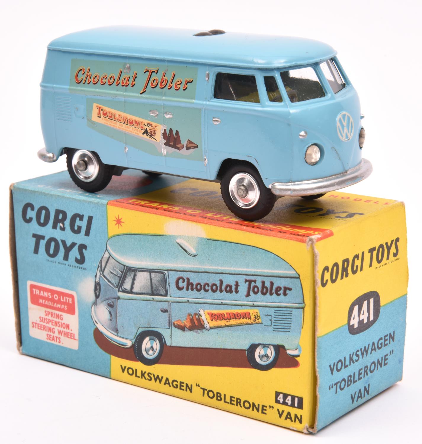Corgi Toys Volkswagen 'Toblerone' Van (441). In light blue with yellow interior, 'Chocolat Tobler'