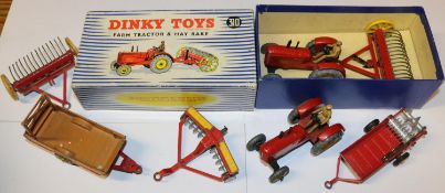 6 Dinky Toys. Including; Boxed 310 farm tractor and hay rake with inner packaging card. Massey