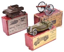 3 Britains 1930s Military vehicles. An army staff car (1448). Britains Royal Horse Artillery gun.