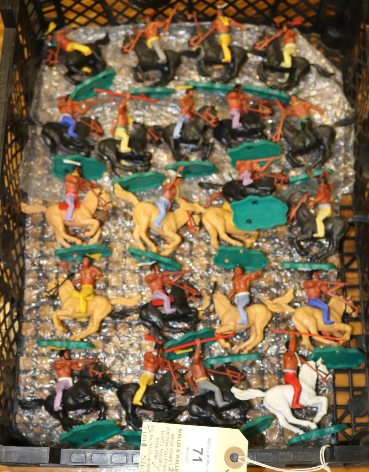 21 Timpo mounted Indians mixed light/ dark brown and also white horses mounted on green plastic
