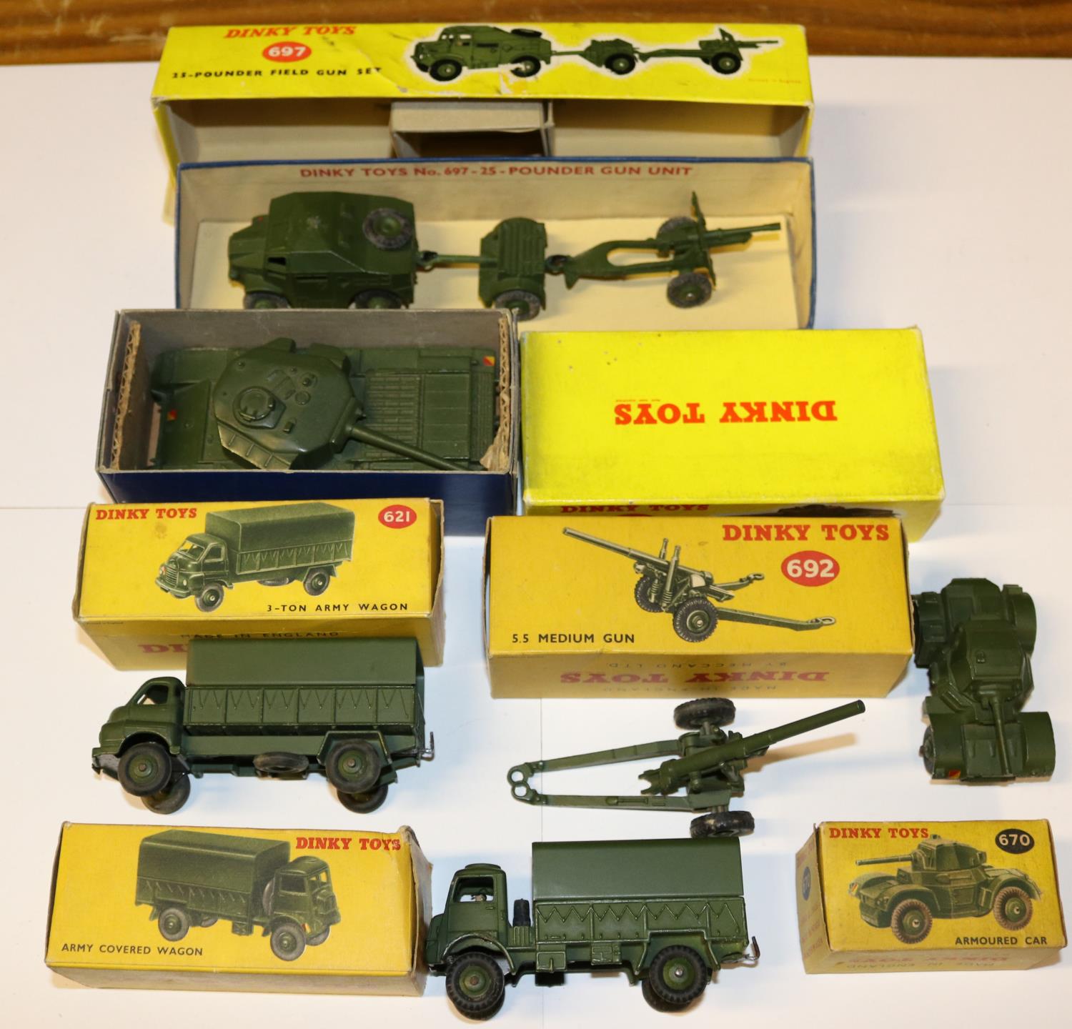 6 Dinky military vehicles. 670 Armoured car. 692 medium gun. 651 Centurion tank. 621 3-ton army