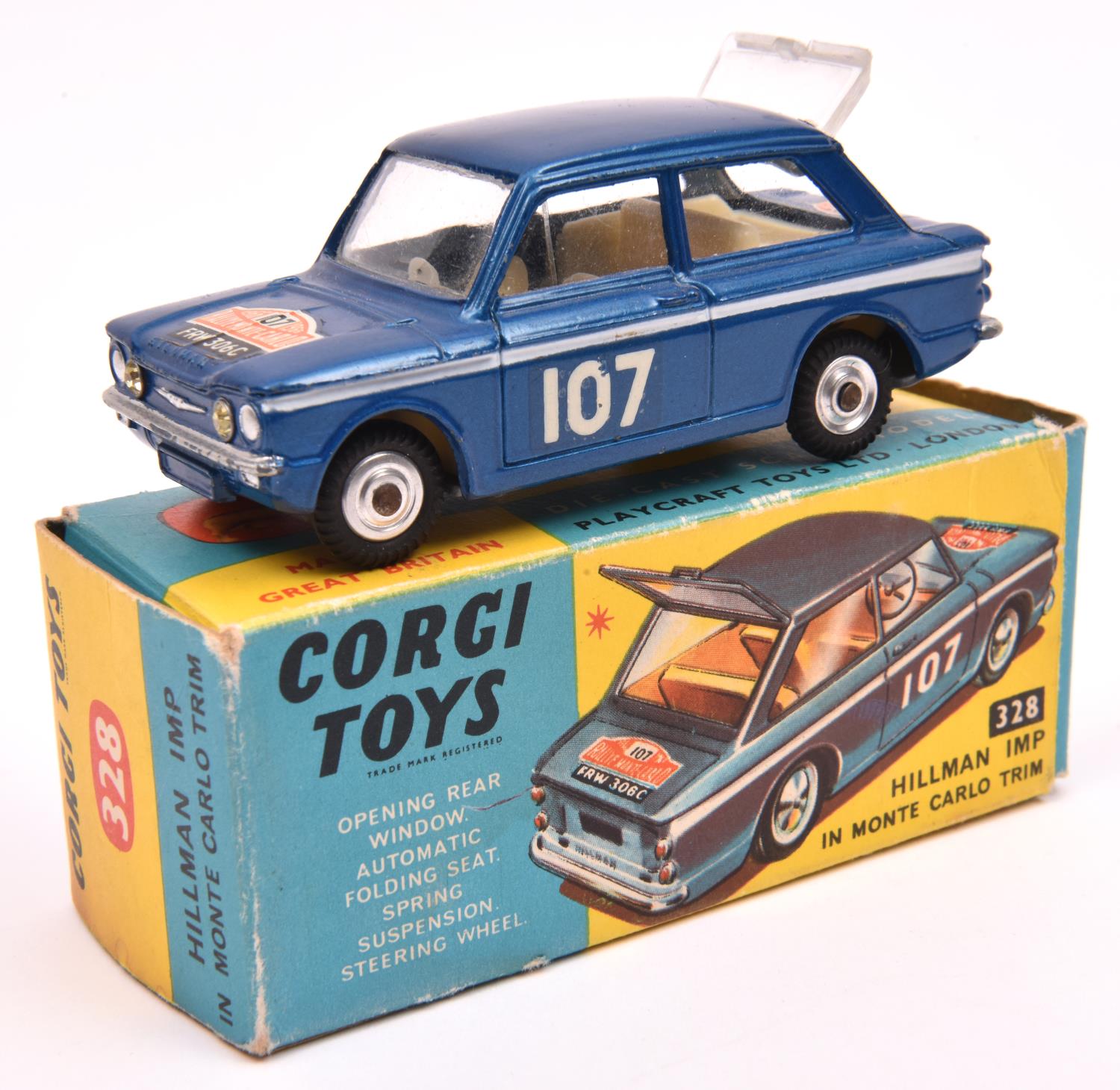 Corgi Toys Hillman Imp in Monte Carlo Trim (328). In metallic dark blue with white flash and cream