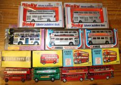 9 die-cast Buses. 2x Corgi London Transport Routemaster (468). One with 'Outspan' advertising, the