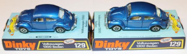 2 Dinky Toys Volkswagen 1300 Sedan (129). Both in metallic blue with white interior and speedwheels.