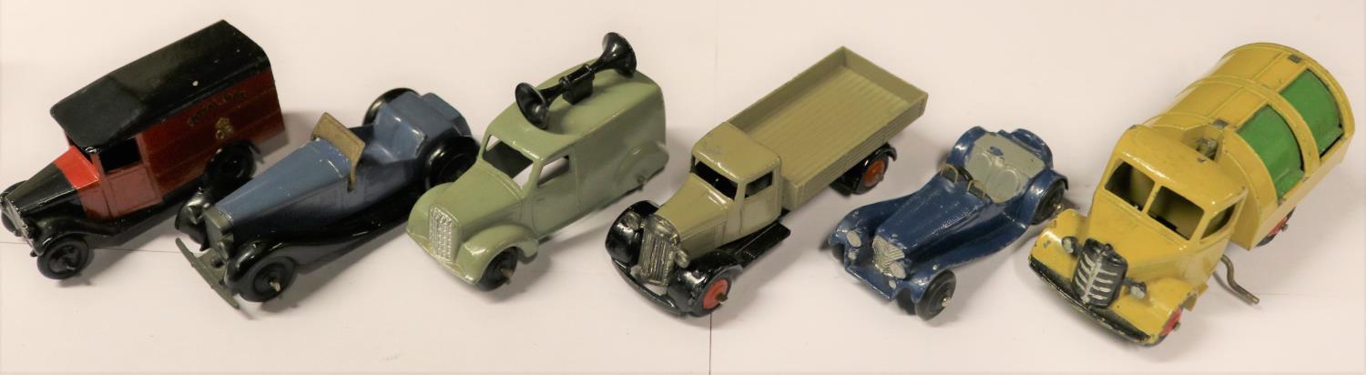6 Dinky Toys. Including; Bedford dustcart, 25 series wagon, Jaguar SS100, loudspeaker van, Royal