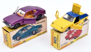 2 Dinky Toys. Lotus Europa (218). In yellow and dark blue with black interior, cast wheels with