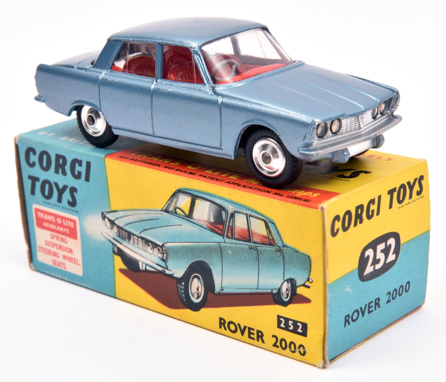 Corgi Toys Rover 2000 (252). In light metallic blue with red interior, dished spun wheels with black