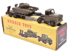 Budgie Toys Articulated Tank Transporter with loading ramps and Tank (222). In drab army green