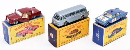 3 Matchbox Series. Long Distance Coach No.40 in light metallic blue with black base and silver